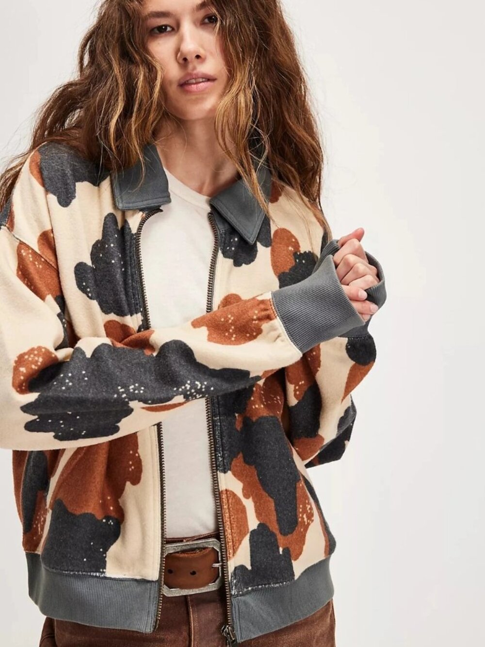Free People Cabin Cardi Jacket Pullover Top Zip-up Ribbed Cow Printed XL 289742